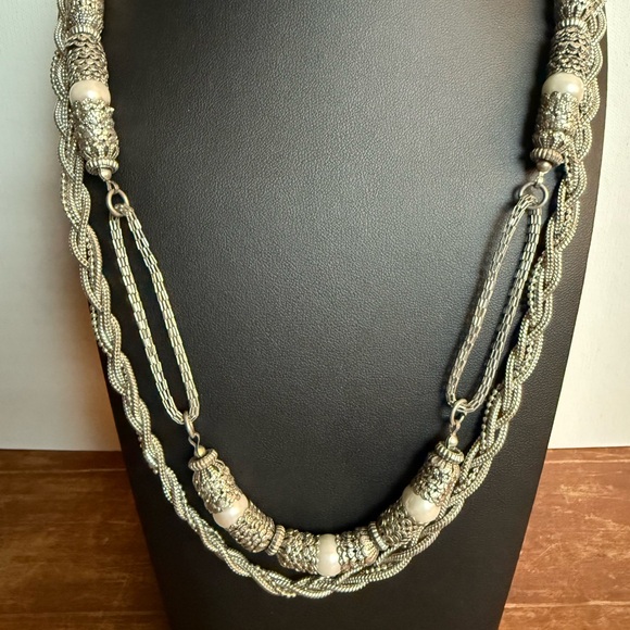 Jewelry - Silver Tone Chain and Faux Pearl layered Necklace with Organic Design